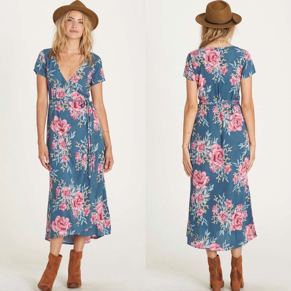 Billabong Floral Wrap Me Up Vintage Midi Tie Dress, Sz S, Cottagecore